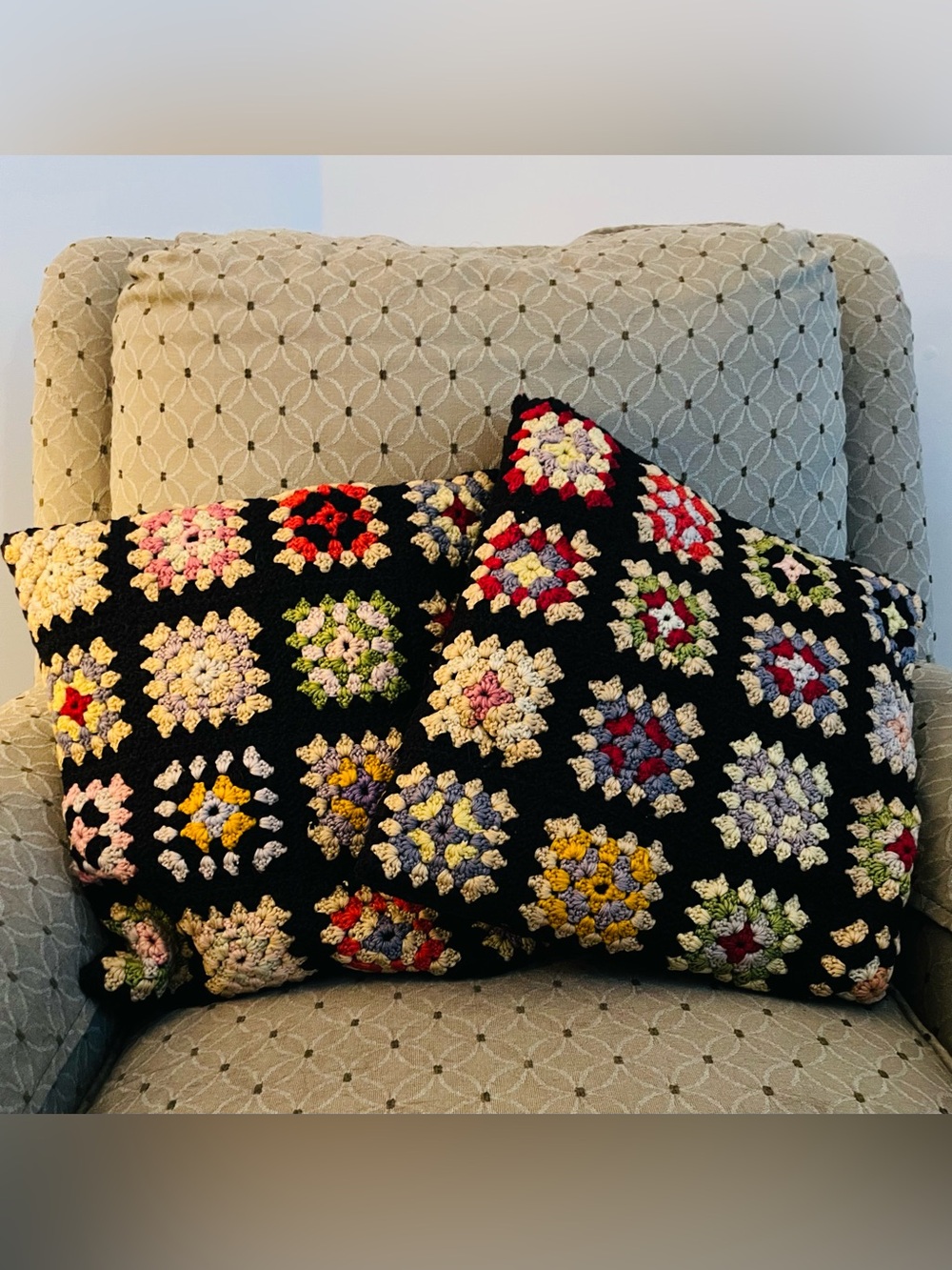 Handmade Crochet Granny Square Pillow - Black Background with Multicolor Squares